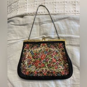 Vintage 1950s Floral Needlepoint Purse with Gold Hardware- EUC